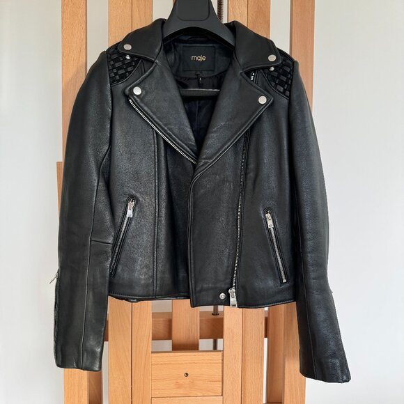 MAJE Black Leather Moto Jacket Size FR 38 / US M - Picture 1 of 13